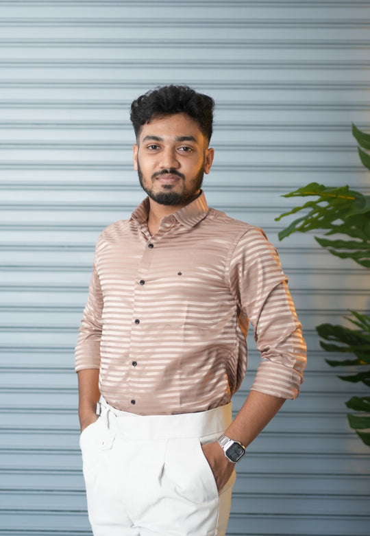 Men’s Vertical Stripe Party Wear Shirt | Slim Fit Casual & Formal Shirt - Beige – alternate view – 7MAN India