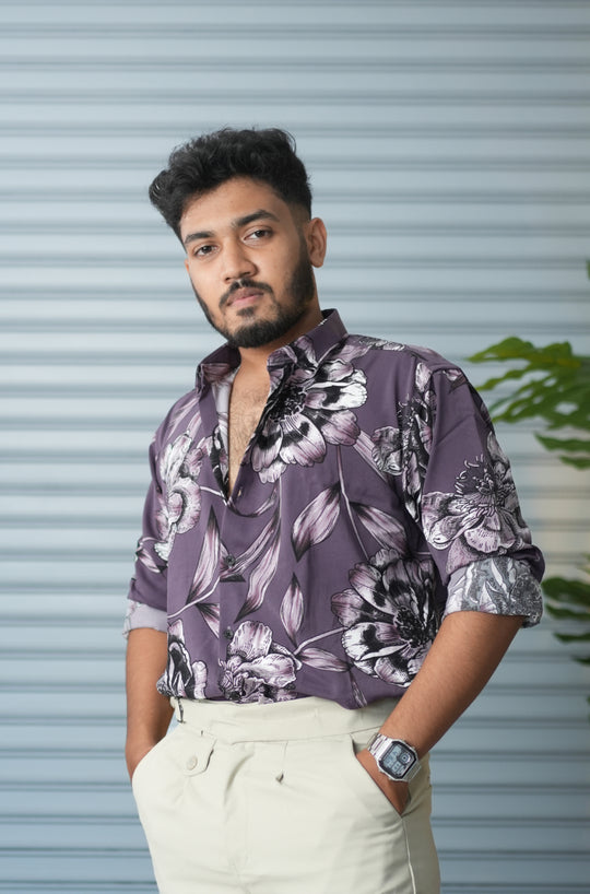 Men’s Oversized Floral Printed Shirt for Men – Trendy Party Wear Casual Shirt - Lavender – 7MAN Men's Fashion India