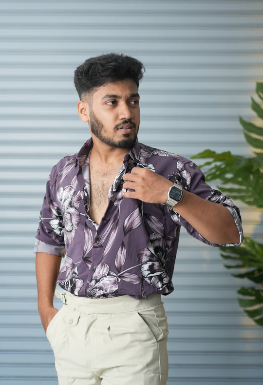 Men’s Oversized Floral Printed Shirt for Men – Trendy Party Wear Casual Shirt - Lavender – alternate view – 7MAN India
