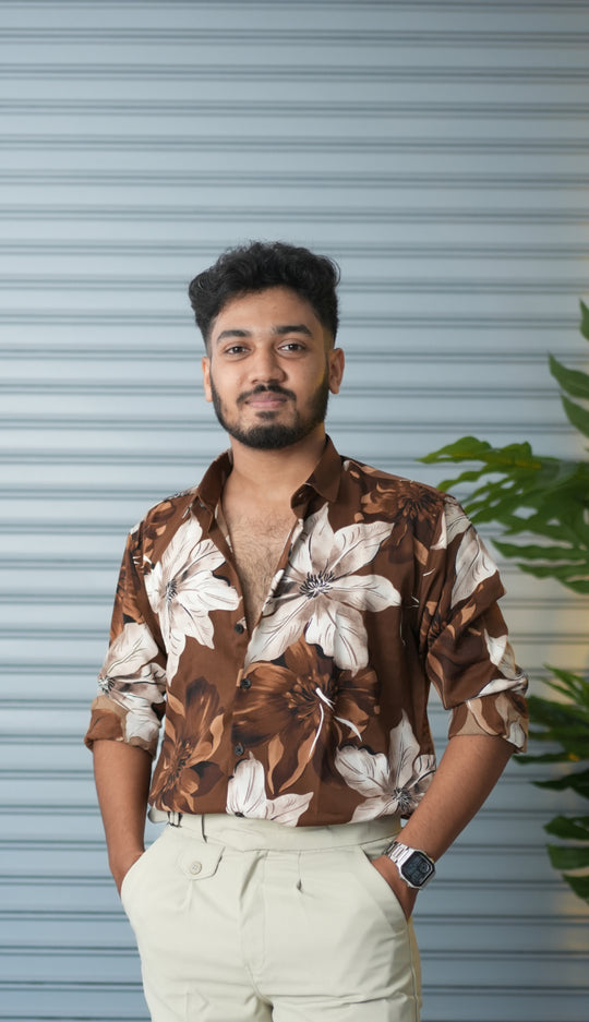 Men’s Oversized Floral Printed Shirt for Men – Trendy Party Wear Casual Shirt - Brown – 7MAN Men's Fashion India