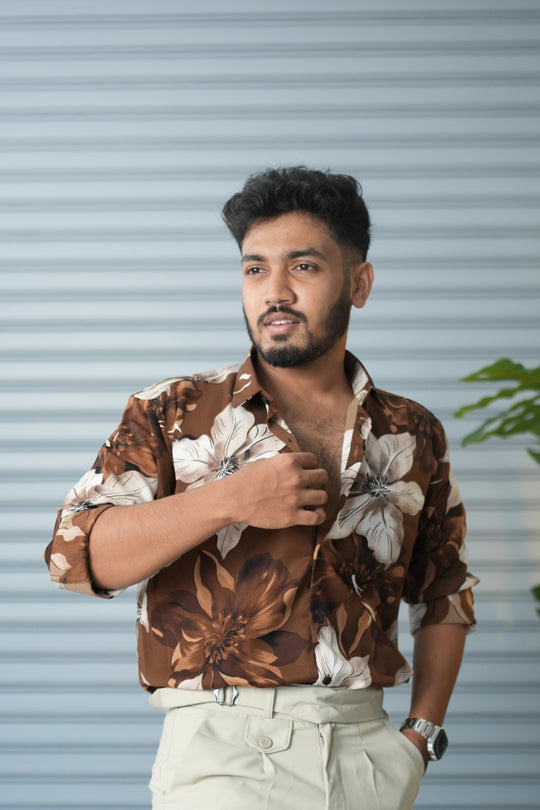 Men’s Oversized Floral Printed Shirt for Men – Trendy Party Wear Casual Shirt - Brown – alternate view – 7MAN India
