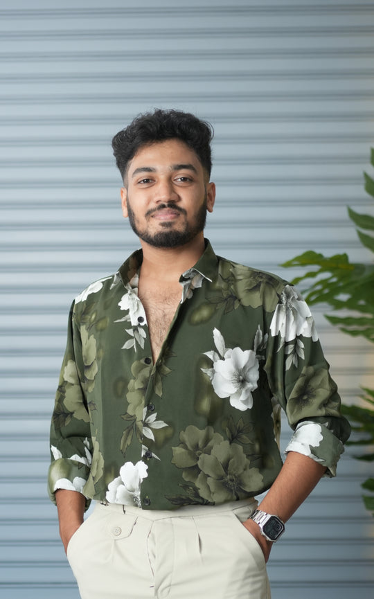 Men’s Oversized Floral Printed Shirt for Men – Trendy Party Wear Casual Shirt - Olive Green – 7MAN Men's Fashion India