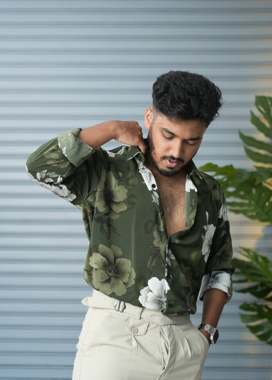 Men’s Oversized Floral Printed Shirt for Men – Trendy Party Wear Casual Shirt - Olive Green – alternate view – 7MAN India