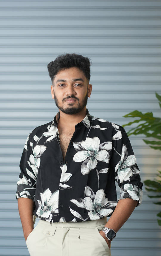 Men’s Oversized Floral Printed Shirt for Men – Trendy Party Wear Casual Shirt - Black White – 7MAN Men's Fashion India
