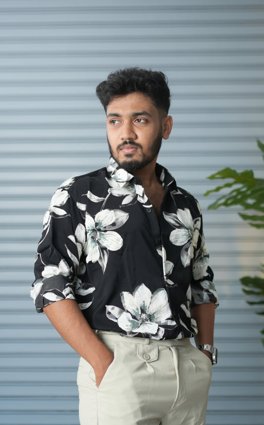 Men’s Oversized Floral Printed Shirt for Men – Trendy Party Wear Casual Shirt - Black White – alternate view – 7MAN India