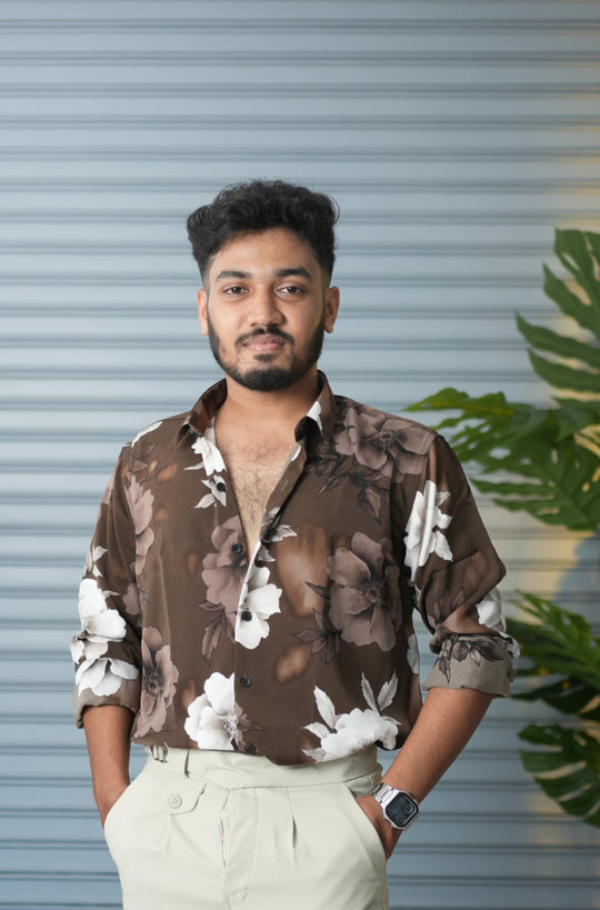 Men’s Oversized Floral Printed Shirt for Men – Trendy Party Wear Casual Shirt - Chocolate Brown – 7MAN Men's Fashion India