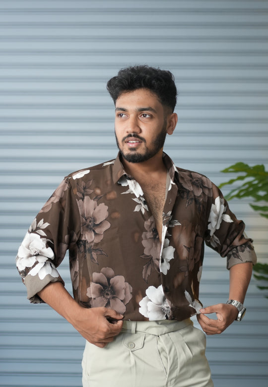 Men’s Oversized Floral Printed Shirt for Men – Trendy Party Wear Casual Shirt - Chocolate Brown – alternate view – 7MAN India