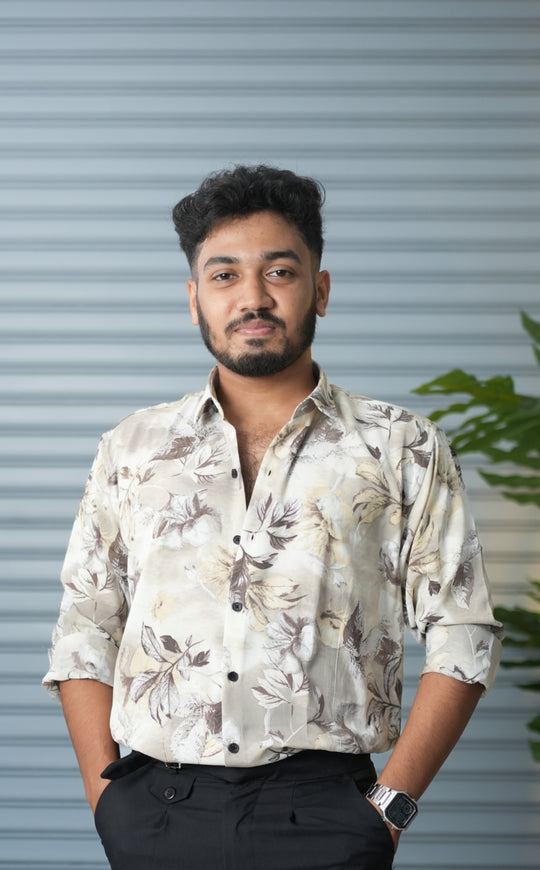 Men’s Oversized Floral Printed Shirt for Men – Trendy Party Wear Casual Shirt - Beige – 7MAN Men's Fashion India
