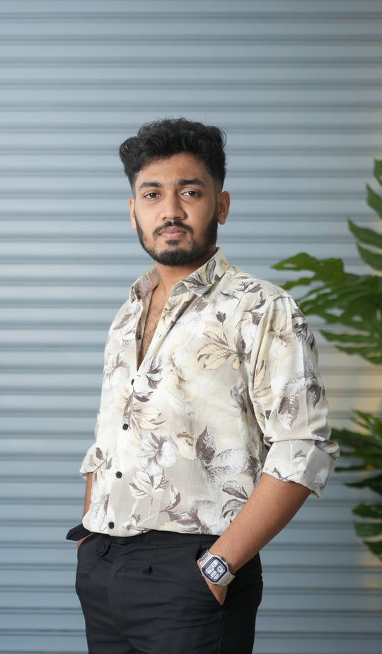 Men’s Oversized Floral Printed Shirt for Men – Trendy Party Wear Casual Shirt - Beige – alternate view – 7MAN India