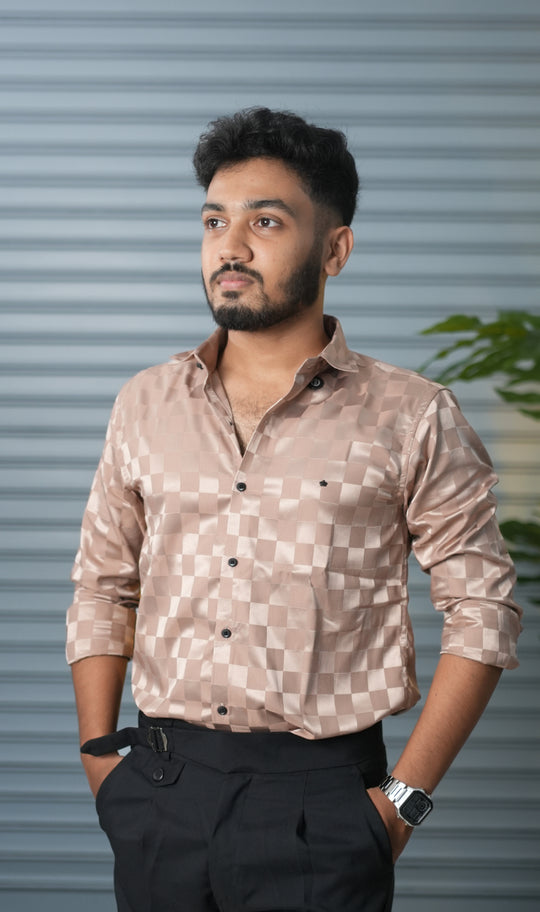 Men’s Premium Party Wear Checkered Satin Shirt – Trendy Slim Fit Fashion - Beige – 7MAN Men's Fashion India