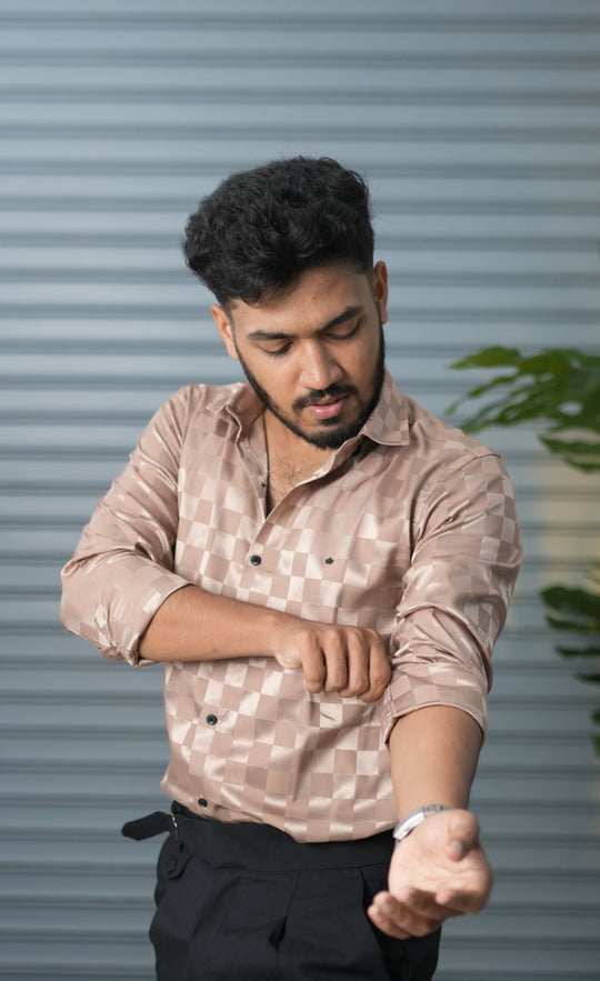 Men’s Premium Party Wear Checkered Satin Shirt – Trendy Slim Fit Fashion - Beige – alternate view – 7MAN India