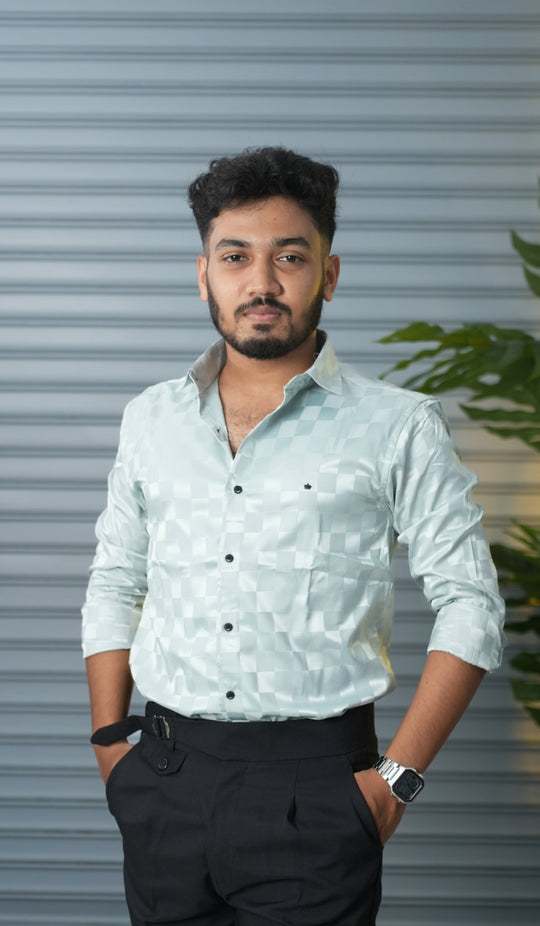 Men’s Premium Party Wear Checkered Satin Shirt – Trendy Slim Fit Fashion - Mint Green – 7MAN Men's Fashion India