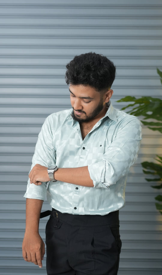 Men’s Premium Party Wear Checkered Satin Shirt – Trendy Slim Fit Fashion - Mint Green – alternate view – 7MAN India