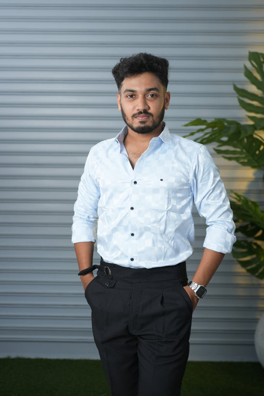 Men’s Premium Party Wear Checkered Satin Shirt – Trendy Slim Fit Fashion - Sky Blue – 7MAN Men's Fashion India