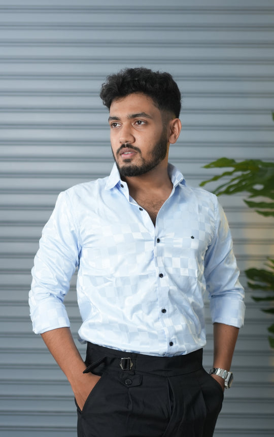 Men’s Premium Party Wear Checkered Satin Shirt – Trendy Slim Fit Fashion - Sky Blue – alternate view – 7MAN India