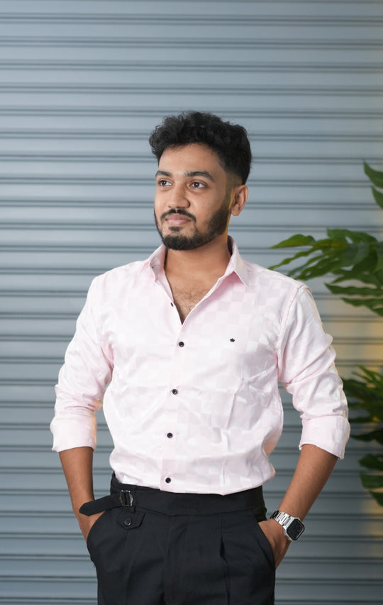Men’s Premium Party Wear Checkered Satin Shirt – Trendy Slim Fit Fashion - Pink – alternate view – 7MAN India