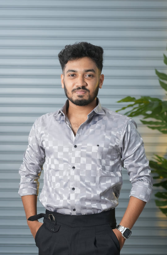 Men’s Premium Party Wear Checkered Satin Shirt – Trendy Slim Fit Fashion - Grey – 7MAN Men's Fashion India