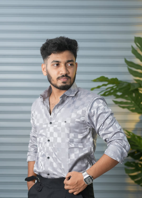 Men’s Premium Party Wear Checkered Satin Shirt – Trendy Slim Fit Fashion - Grey – alternate view – 7MAN India