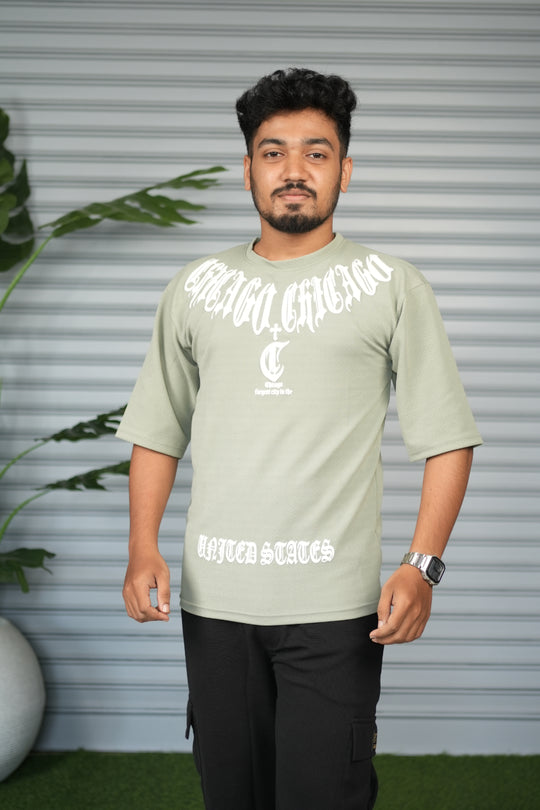 Chicago Graphic Print Oversized Trendy Street Style T-Shirt for Men – Pista Green – 7MAN Men's Fashion India