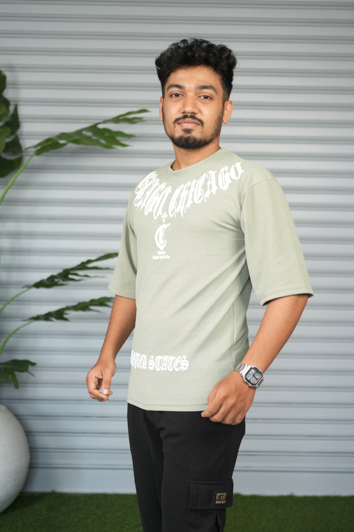 Chicago Graphic Print Oversized Trendy Street Style T-Shirt for Men – Pista Green