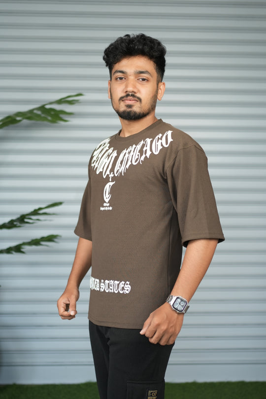 Chicago Graphic Print Oversized Trendy Street Style T-Shirt for Men – Brown – alternate view – 7MAN India
