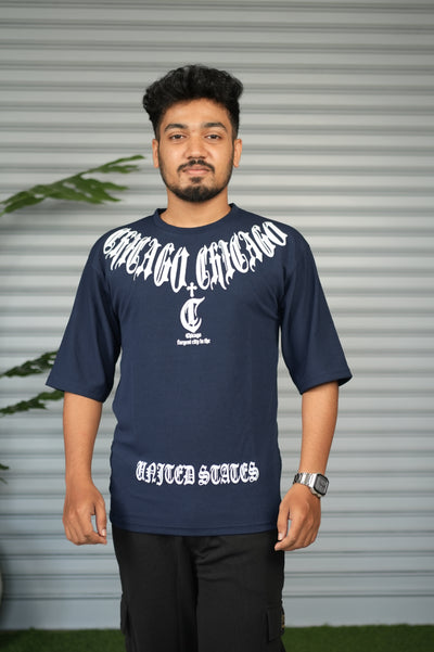 Chicago Graphic Print Oversized Trendy Street Style T-Shirt for Men – Navy Blue