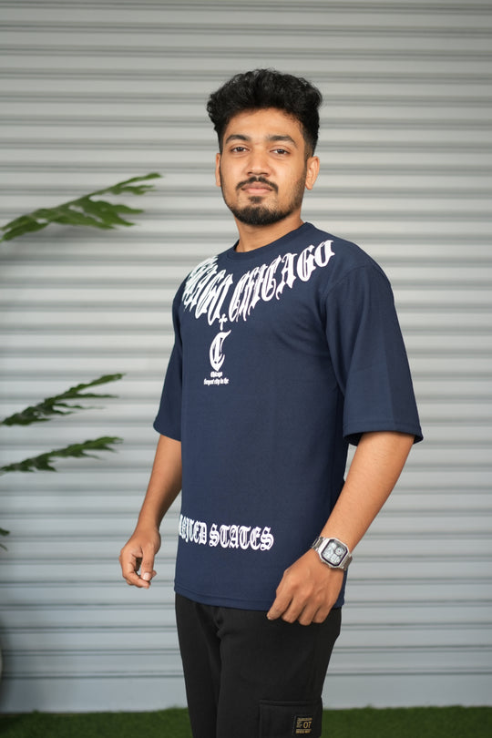 Chicago Graphic Print Oversized Trendy Street Style T-Shirt for Men – Navy Blue – alternate view – 7MAN India