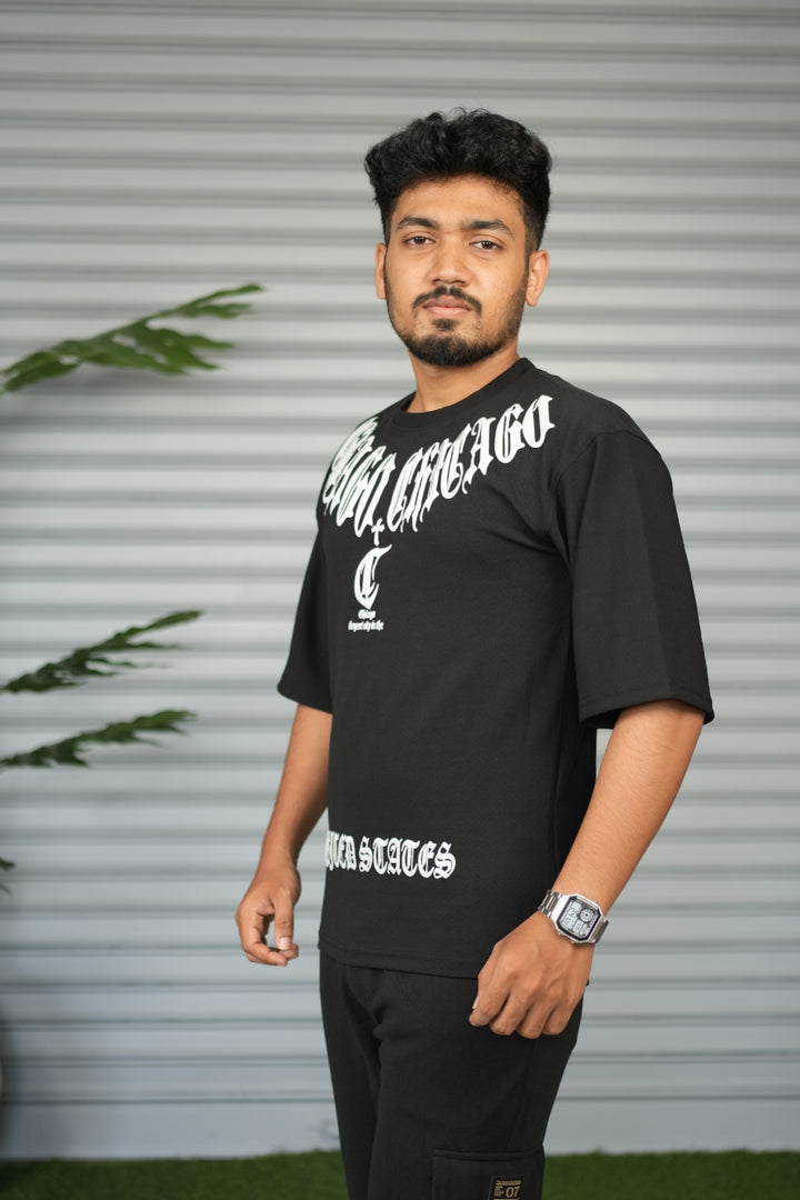 Chicago Graphic Print Oversized Trendy Street Style T-Shirt for Men – Black