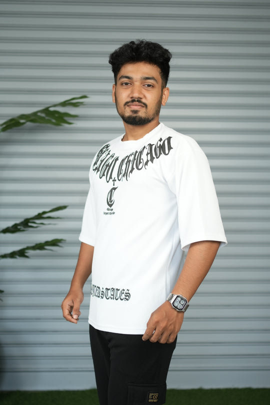 Chicago Graphic Print Oversized Trendy Street Style T-Shirt for Men – Ash – alternate view – 7MAN India