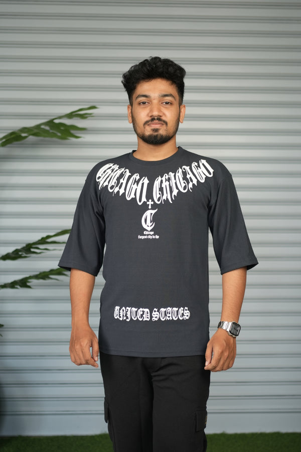 Chicago Graphic Print Oversized Trendy Street Style T-Shirt for Men – Grey