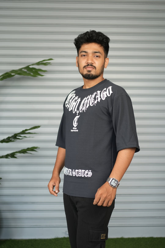 Chicago Graphic Print Oversized Trendy Street Style T-Shirt for Men – Grey – alternate view – 7MAN India