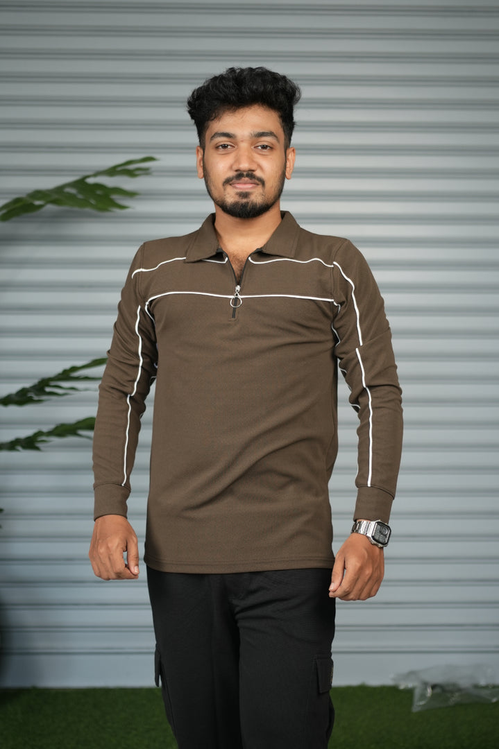 Premium Polo stripe Zip Collar Neck T-Shirt for Men | Full Sleeve Style - Brown