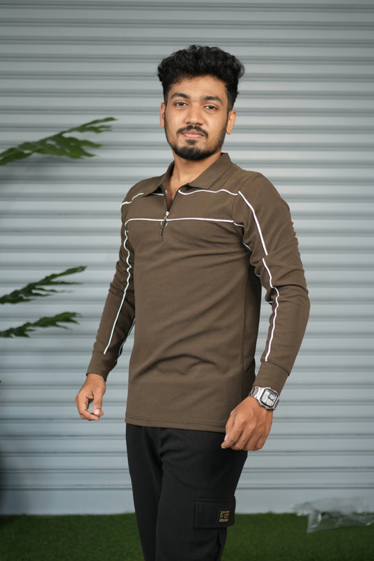 Premium Polo Zip Collar Neck T-Shirt for Men | Full Sleeve Style - Brown – alternate view – 7MAN India