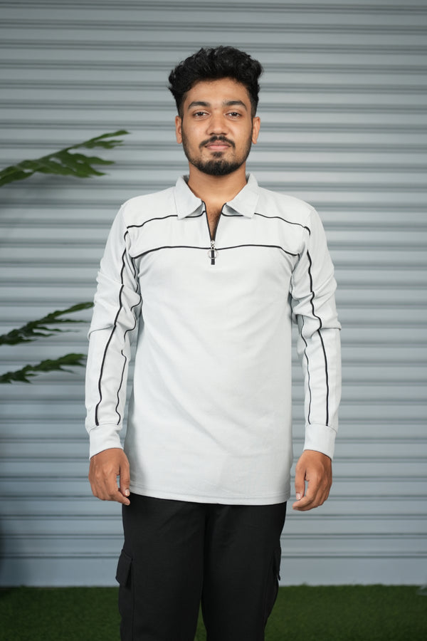 Premium Polo stripe Zip Collar Neck T-Shirt for Men | Full Sleeve Style - Ash