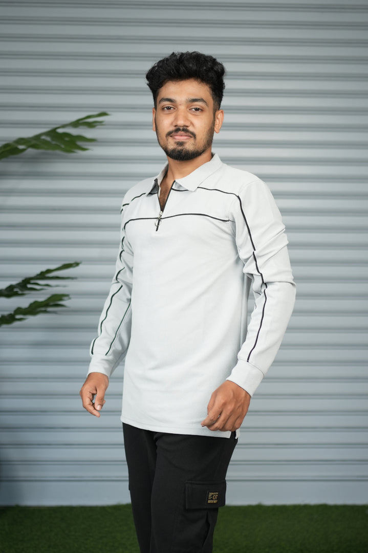 Premium Polo stripe Zip Collar Neck T-Shirt for Men | Full Sleeve Style - Ash