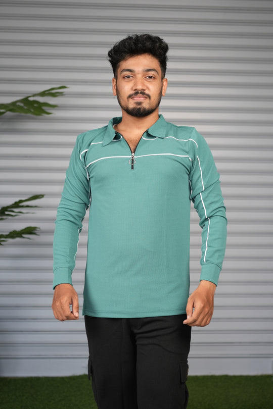 Premium Polo Zip Collar Neck T-Shirt for Men | Full Sleeve Style - Sea Green – 7MAN Men's Fashion India