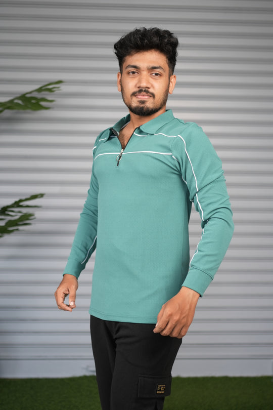 Premium Polo Zip Collar Neck T-Shirt for Men | Full Sleeve Style - Sea Green – alternate view – 7MAN India