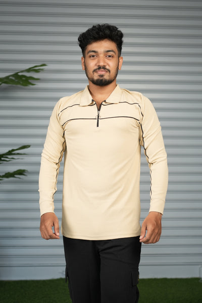 Premium Polo Zip Collar Neck T-Shirt for Men | Full Sleeve Style - Cream
