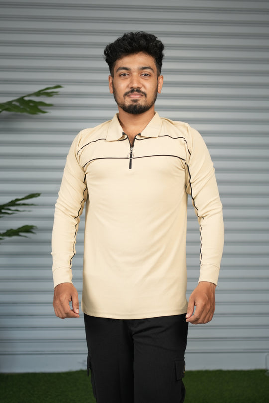 Premium Polo Zip Collar Neck T-Shirt for Men | Full Sleeve Style - Cream – 7MAN Men's Fashion India