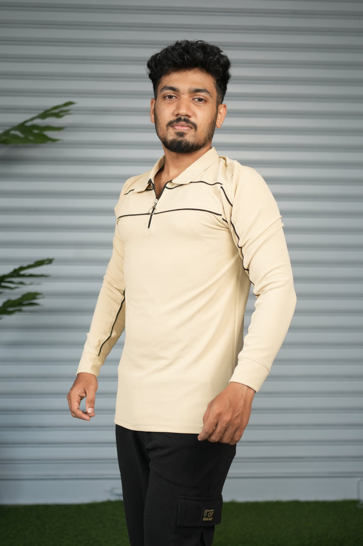 Premium Polo stripe Zip Collar Neck T-Shirt for Men | Full Sleeve Style - Cream