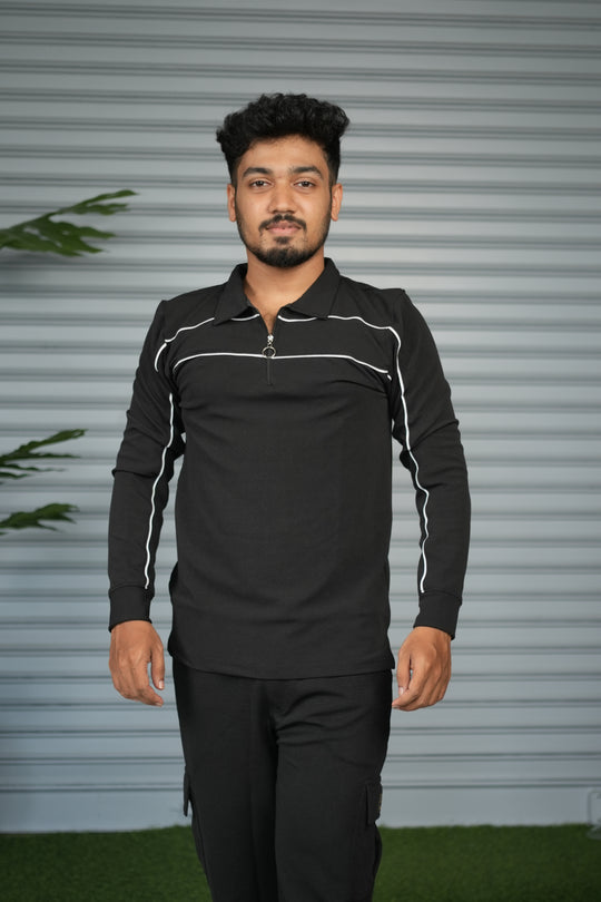 Premium Polo Zip Collar Neck T-Shirt for Men | Full Sleeve Style - Black – 7MAN Men's Fashion India