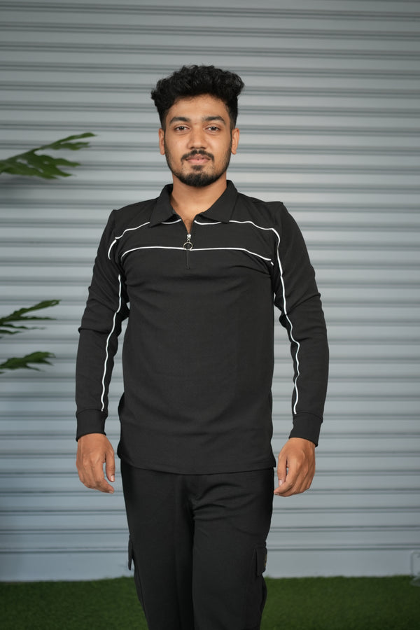 Premium Polo stripe Zip Collar Neck T-Shirt for Men | Full Sleeve Style - Black