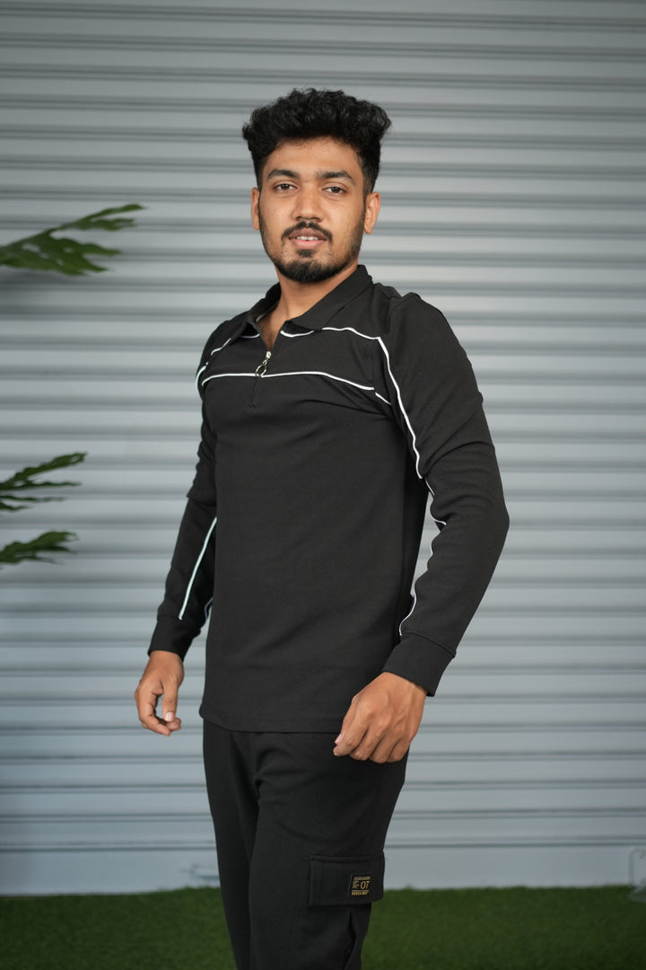 Premium Polo stripe Zip Collar Neck T-Shirt for Men | Full Sleeve Style - Black