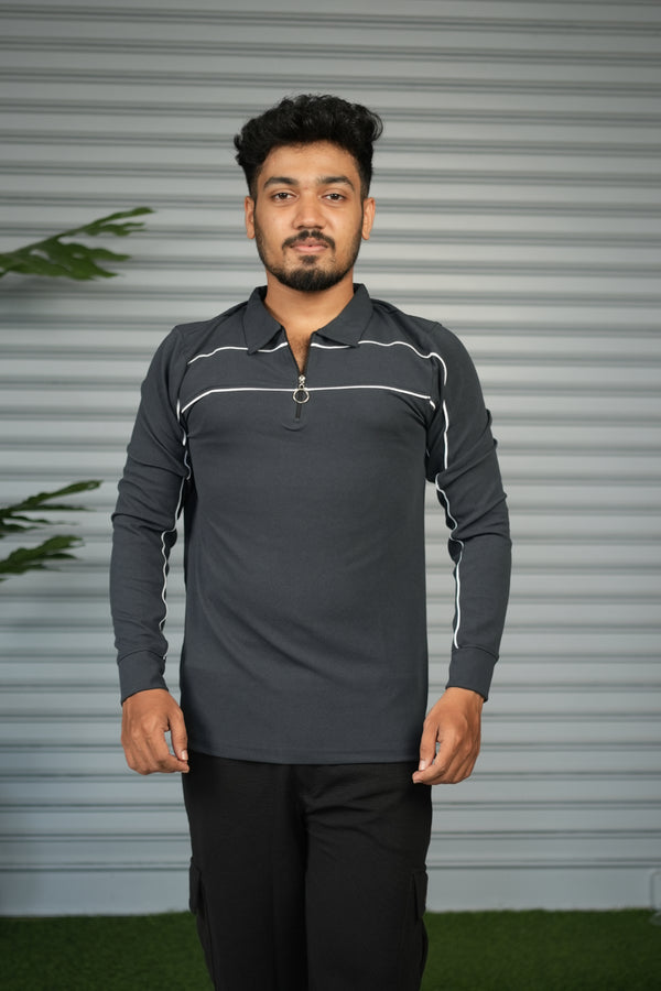 Premium Polo stripe Zip Collar Neck T-Shirt for Men | Full Sleeve Style - Grey