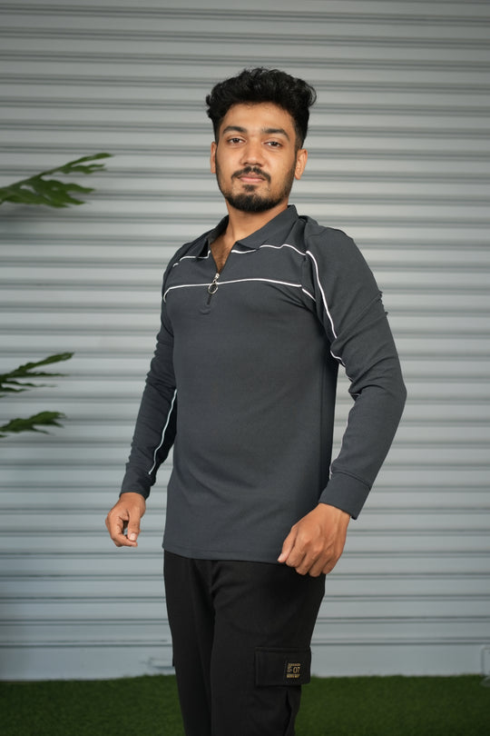 Premium Polo Zip Collar Neck T-Shirt for Men | Full Sleeve Style - Grey – alternate view – 7MAN India