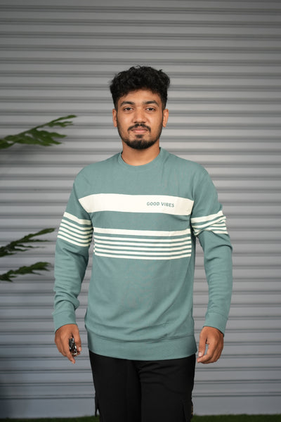 Casual Full Sleeve Striped Sweatshirt for Men |  Round Neck Pullover - Sage Green