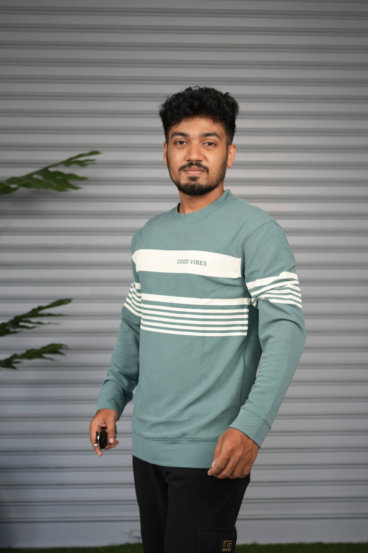 Casual Full Sleeve Striped Sweatshirt for Men |  Round Neck Pullover - Sage Green