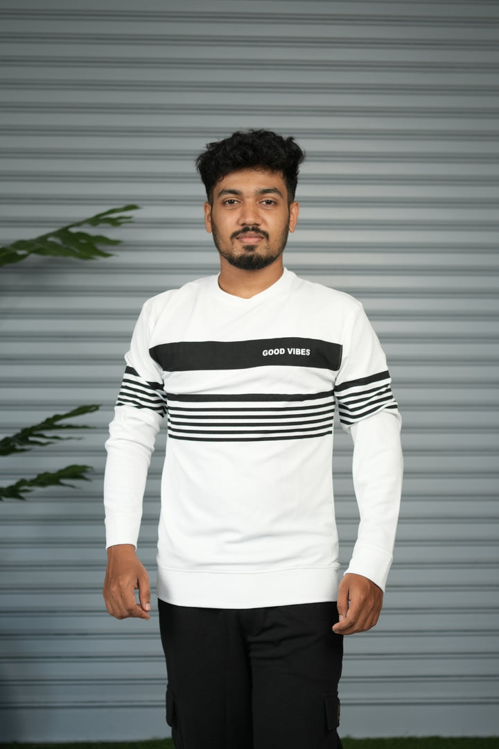 Casual Full Sleeve Striped Sweatshirt for Men |  Round Neck Pullover - White