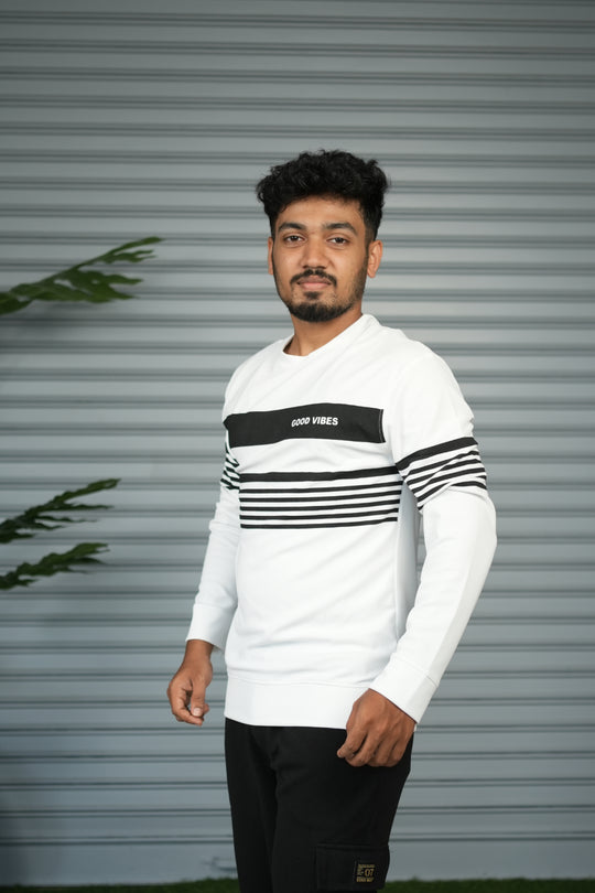 Casual Full Sleeve Striped Sweatshirt for Men |  Round Neck Pullover - White – alternate view – 7MAN India