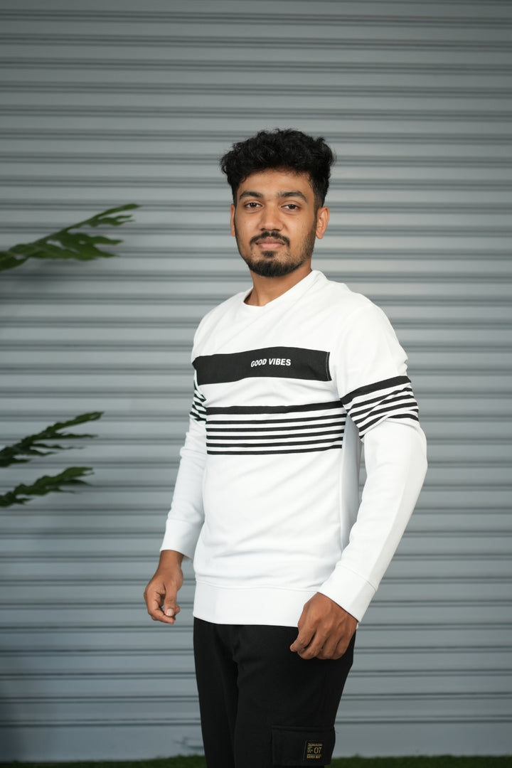 Casual Full Sleeve Striped Sweatshirt for Men |  Round Neck Pullover - White
